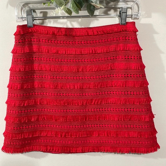 NWOT J. Crew Red Tiered Fringe Exposed Zipper Mini Skirt 0P - Picture 1 of 13